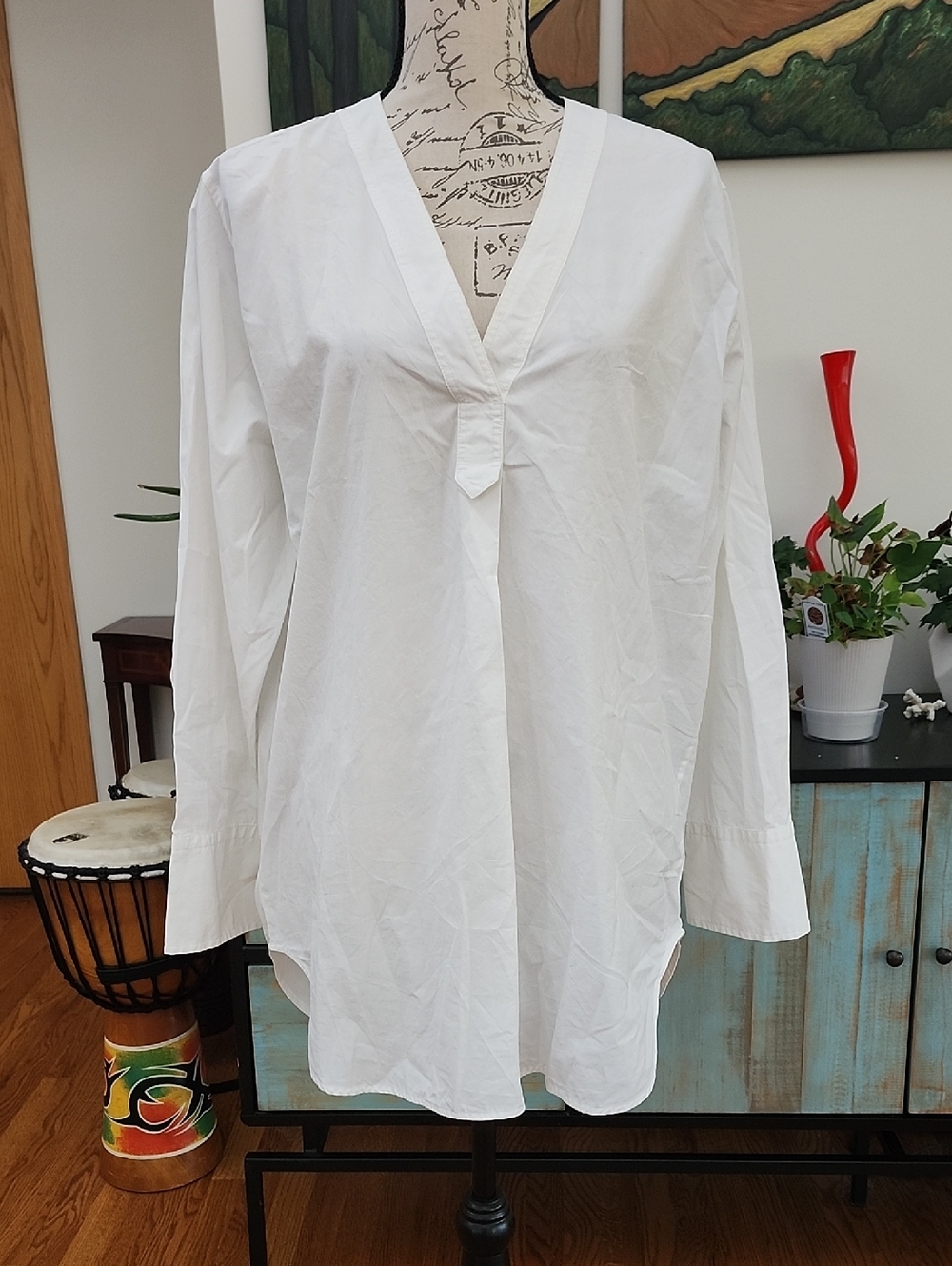 EVERLANE White Popover V-neck Long Sleeve Top